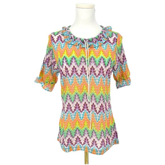 Vintage 1970s Deadstock Helen Sue Neon Chevron Crochet Top M Ruffle Psychedellic - Picture 1 of 5